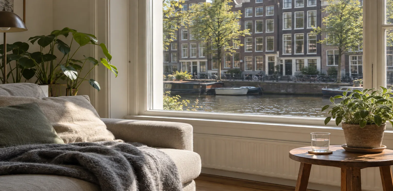 A quiet rented room in Amsterdam with a sofa, a glass of water and a window over a canal