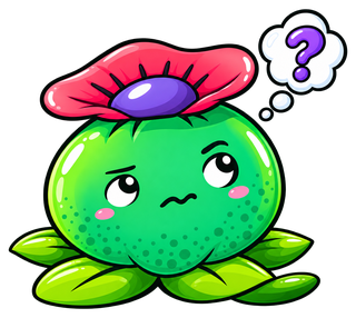 The Avalon Magic Plants mascot, a round green cactus with a red flower, with a thought bubble and a question mark